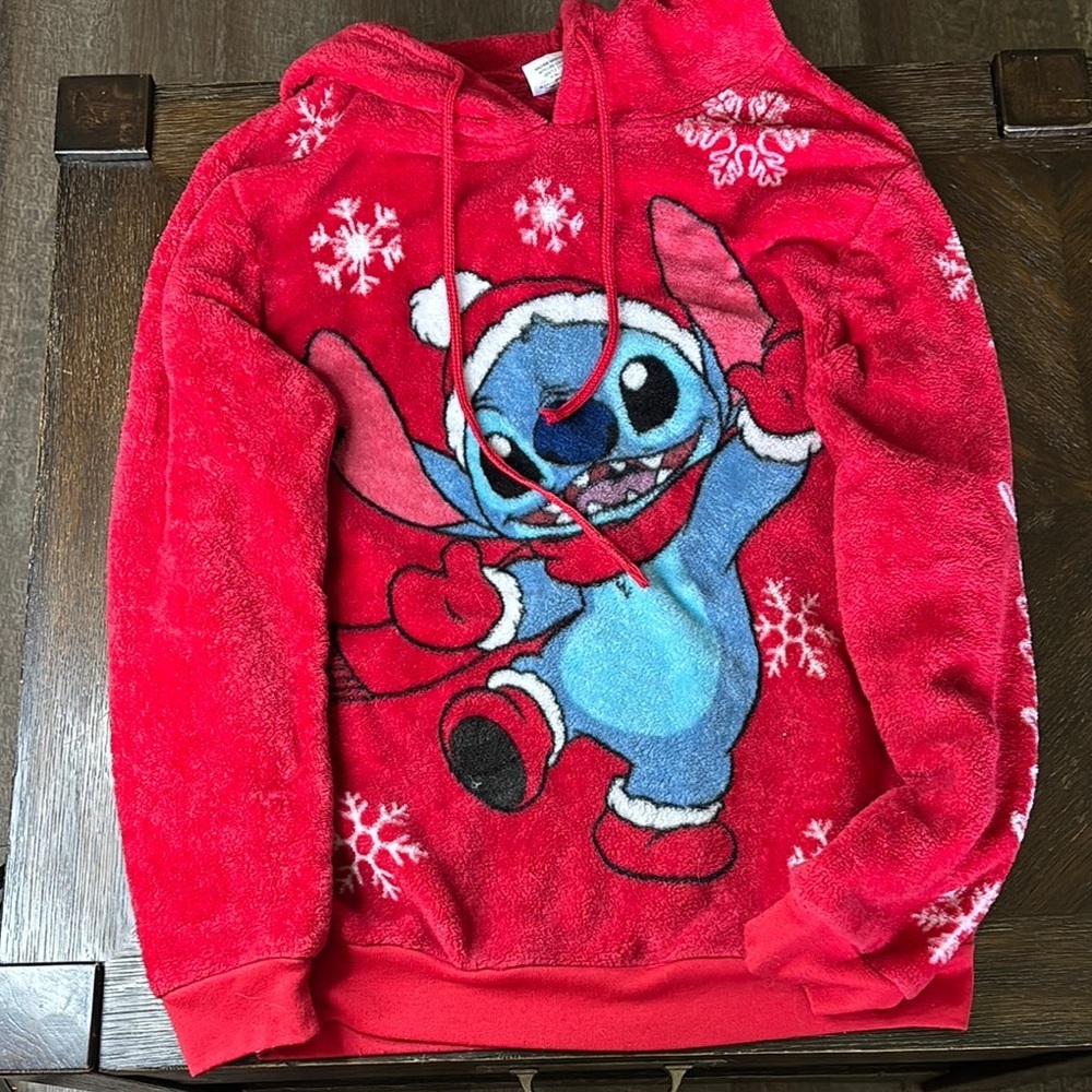 Disney - Christmas Stitch Fleece Hoodie - Red with Snowflakes - Size Juniors L